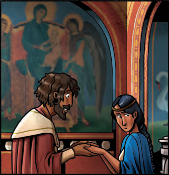 An image of a young woman holding the hands of a young man in a Byzantine church. He will eventually become Saint Nicholas and she will become Mother Christmas.